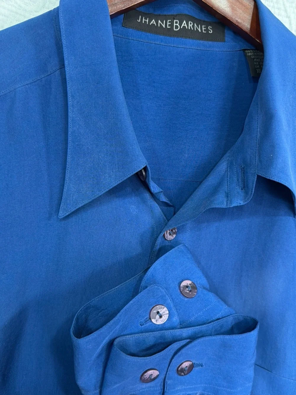 Jhane Barnes 100 Silk Mens XL Shirt Vintage Royal Hue Blue Luxury NEEDS CLEANED